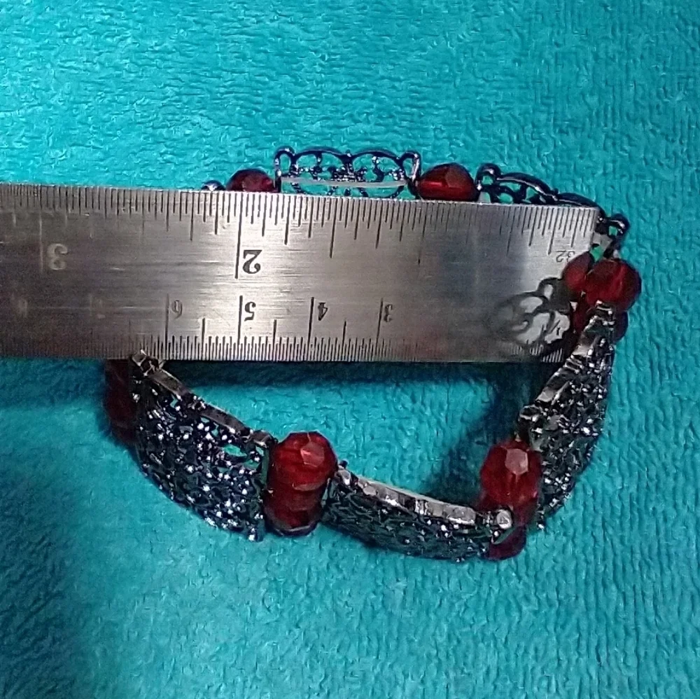 Elegant Red Faceted Beaded Silvertone Stretch Bracelet Wide Gothic